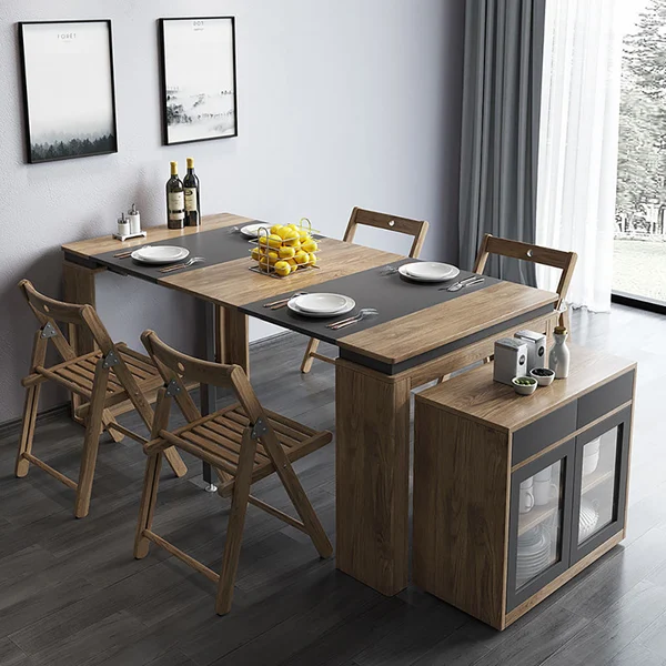 Modern Extendable Dining Table with 4 Chairs Rectangle Storage Sideboard Walnut&Gray