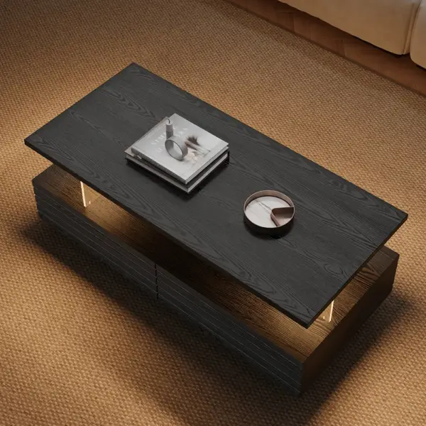 1200mm Modern Black Rectangular Acrylic LED Lights Coffee Table with Storage - Image 4