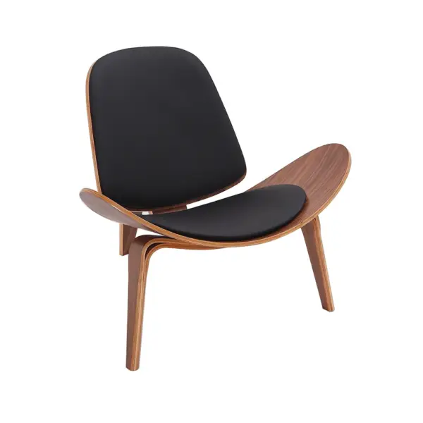 Modern Tripod Black Leather Shell Lounge Chair with Single Side in Walnut - Image 2