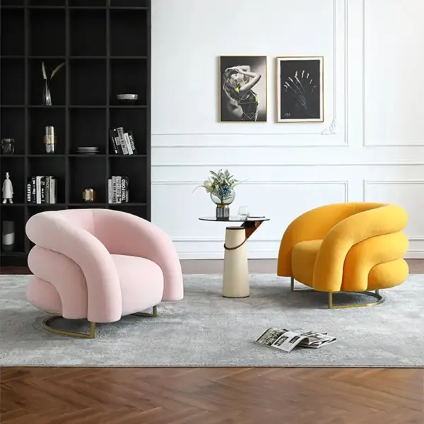 Creative & Modern Yellow Solid Wood & Velvet Accent Chair with Metal Base - Image 3