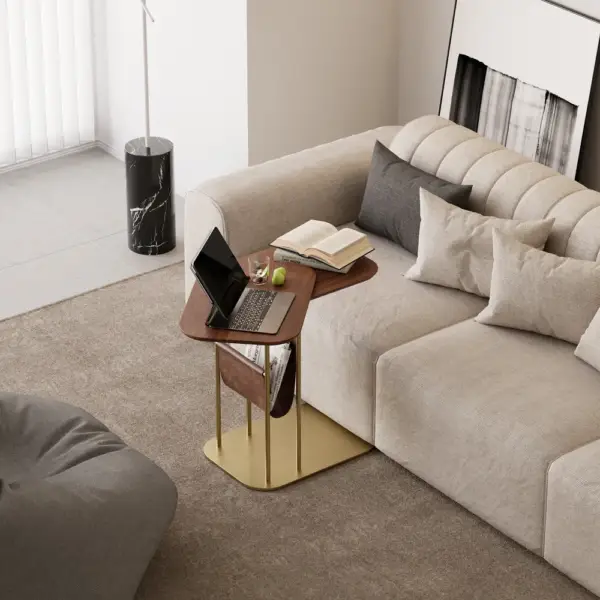 Modern Small C Shaped Rotating Side Table Walnut Wood Bedside Table with Storage - Image 2