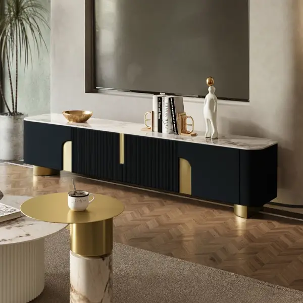 Artus Modern Beige TV Stand Stone Top 4 Doors with Storage Media Console TV up to 2159mm