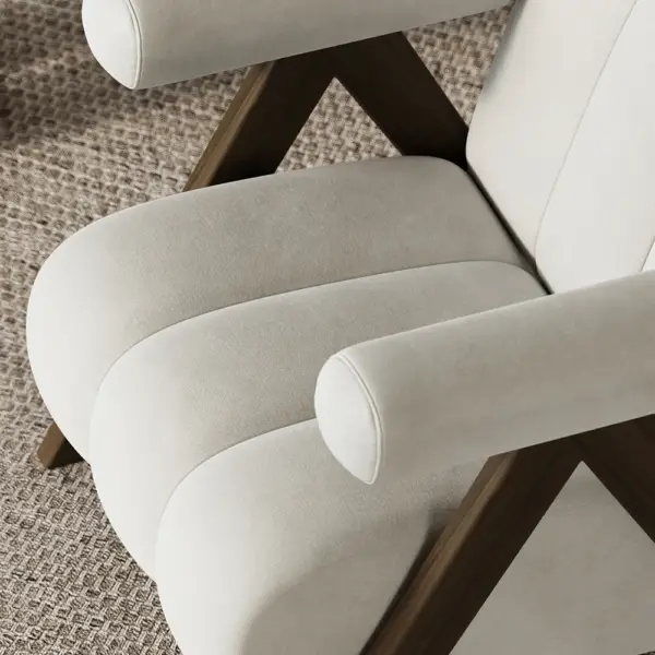 Japandi Beige Accent Chair Velvet Upholstery Armchair with Walnut Frame for Living Room - Image 6