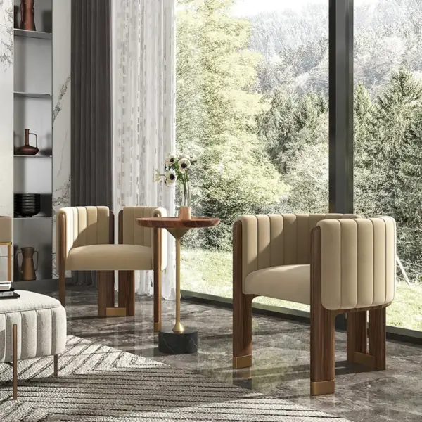 Modern Wood Accent Chair Camel Velvet Upholstered Arm Chair