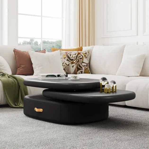 3-Tiered Modern Oval Black Pebbles Rotating Coffee Table with Storage