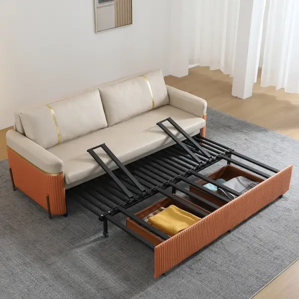2010mm Full Sleeper Sofa Bed with Storage Upholstered Convertible Leathaire Beige - Image 4