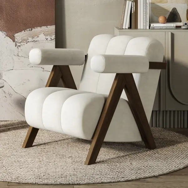 Japandi Beige Accent Chair Velvet Upholstery Armchair with Walnut Frame for Living Room - Image 5