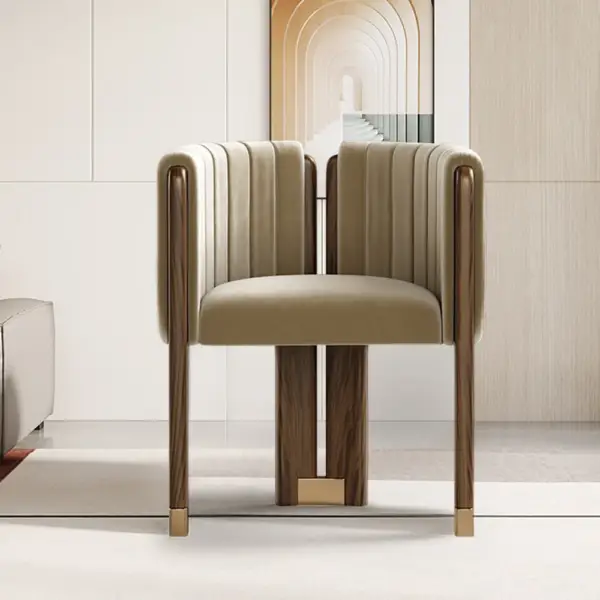 Modern Wood Accent Chair Camel Velvet Upholstered Arm Chair - Image 6