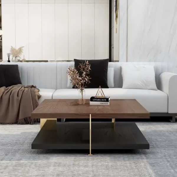 Industrial Black & Walnut Square Pedestal Coffee Table Solid Wood Accent Table - Image 3