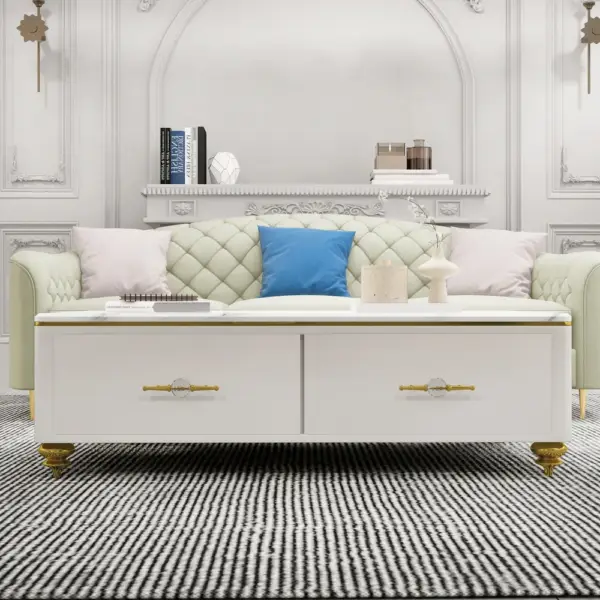 Chift 1300mm Modern Marble White Coffee Table & Storage Drawers Gold Stainless Steel Leg - Image 5