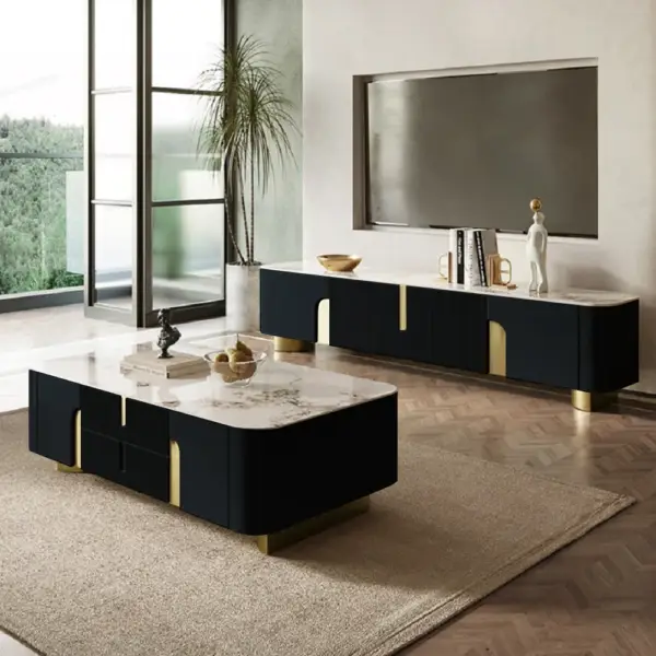 Artus Modern Beige TV Stand Stone Top 4 Doors with Storage Media Console TV up to 2159mm - Image 2