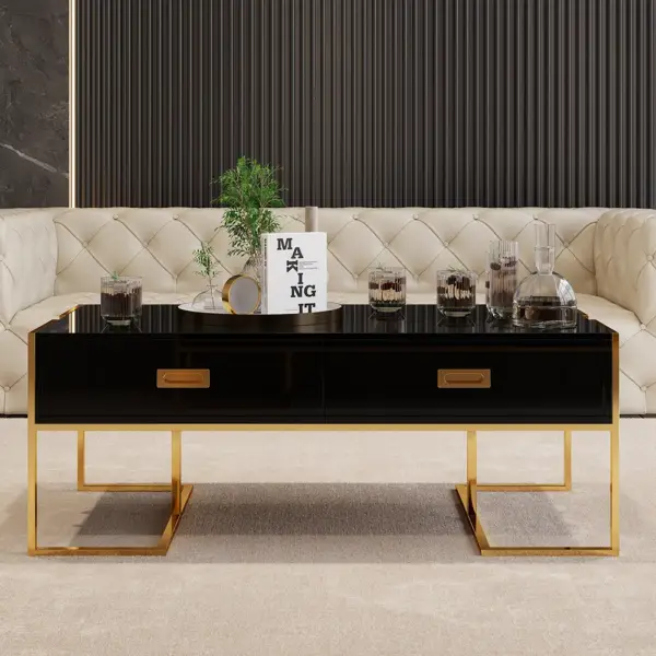 Jocise Contemporary Black Rectangular Coffee Table with Drawers Lacquer Gold Base - Image 10