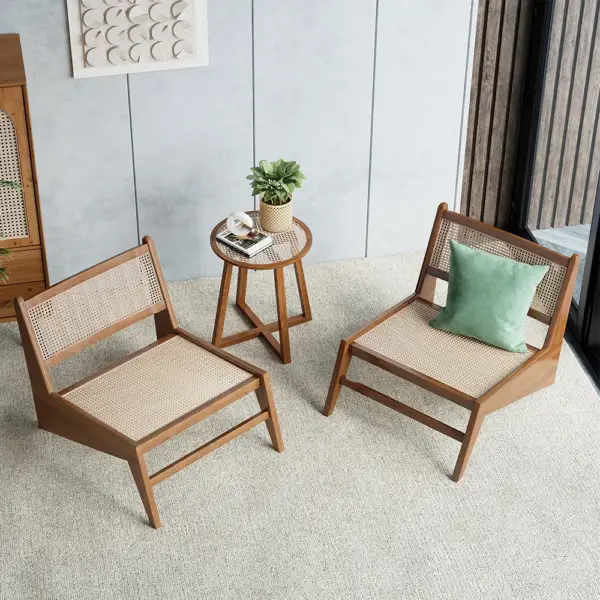 Japandi Walnut Rattan and Wood Lounge Chair Accent Chair for Living Room - Image 6