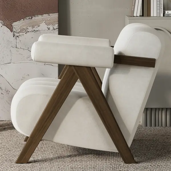 Japandi Beige Accent Chair Velvet Upholstery Armchair with Walnut Frame for Living Room - Image 7