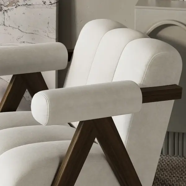 Japandi Beige Accent Chair Velvet Upholstery Armchair with Walnut Frame for Living Room - Image 4