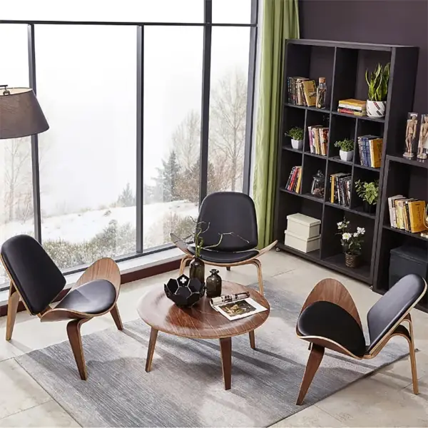 Modern Tripod Black Leather Shell Lounge Chair with Single Side in Walnut - Image 11