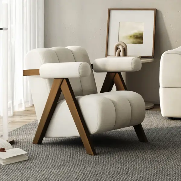 Japandi Beige Accent Chair Velvet Upholstery Armchair with Walnut Frame for Living Room - Image 2