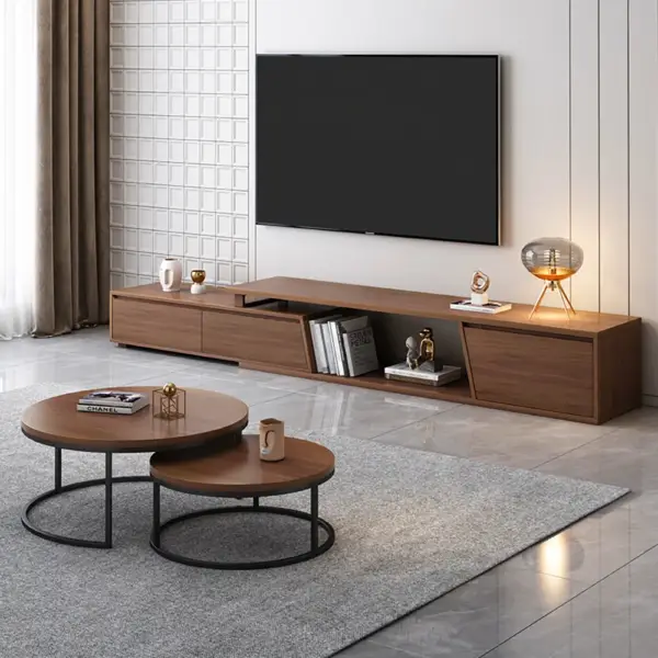 Fero Minimalist Walnut Rectangle Extendable TV Stand with 3 Drawers Up to 3048mm - Image 2