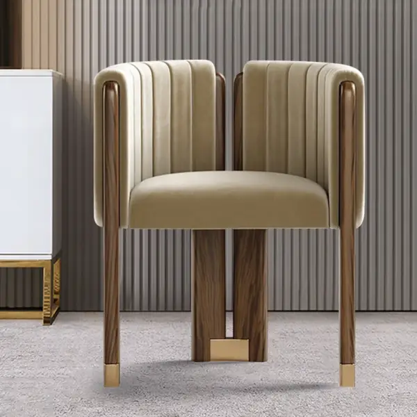 Modern Wood Accent Chair Camel Velvet Upholstered Arm Chair - Image 3
