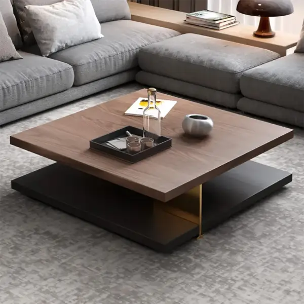 Industrial Black & Walnut Square Pedestal Coffee Table Solid Wood Accent Table - Image 2