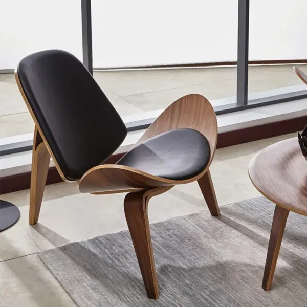 Modern Tripod Black Leather Shell Lounge Chair with Single Side in Walnut - Image 13