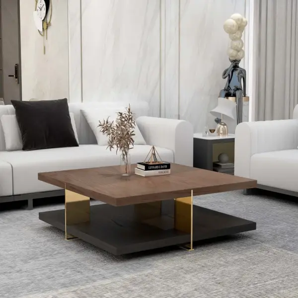 Industrial Black & Walnut Square Pedestal Coffee Table Solid Wood Accent Table - Image 4