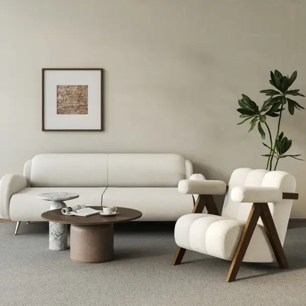 Japandi Beige Accent Chair Velvet Upholstery Armchair with Walnut Frame for Living Room - Image 3