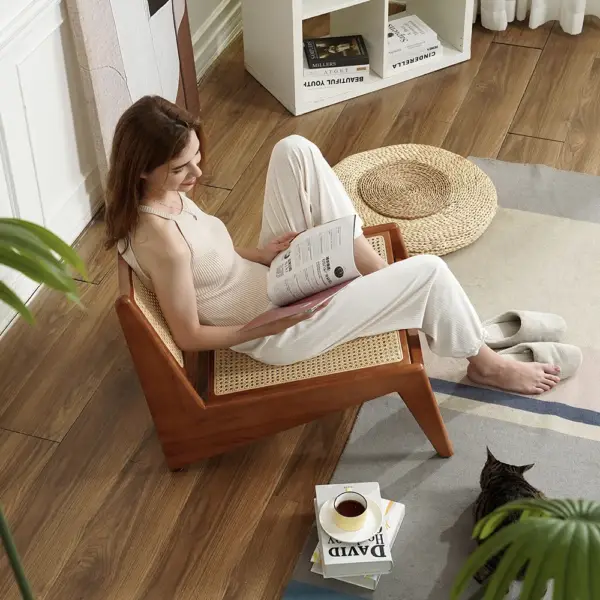 Japandi Walnut Rattan and Wood Lounge Chair Accent Chair for Living Room - Image 5