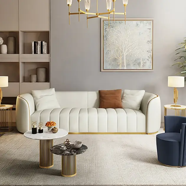 2260mm Modern Faux Leather Upholstered 3-Seater Sofa with Gold Legs