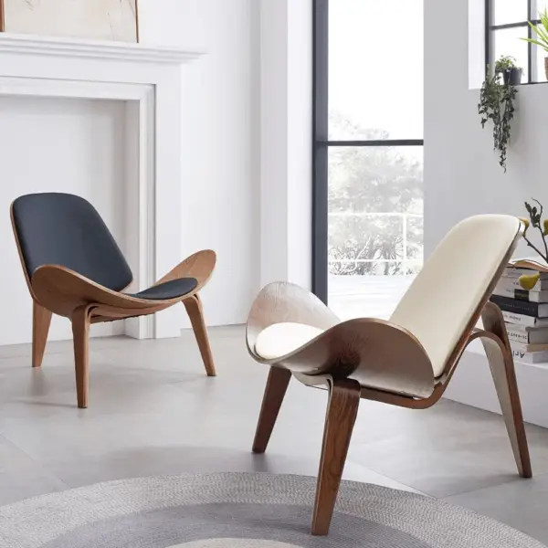Modern Tripod Black Leather Shell Lounge Chair with Single Side in Walnut - Image 14