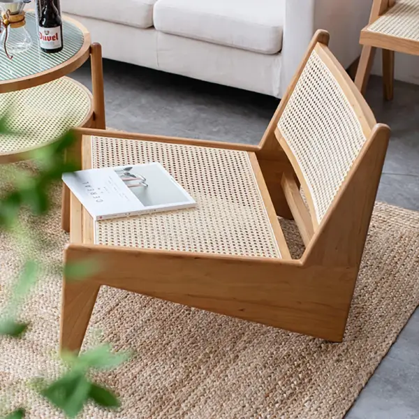 Japandi Walnut Rattan and Wood Lounge Chair Accent Chair for Living Room - Image 2
