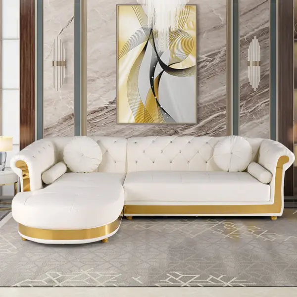 Dodiy Modern L-Shaped White Corner Sectional Sofa 5-Seater Leather with Chaise Pillows - Image 2