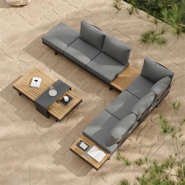 4 Pieces Modern L Shape Outdoor Sectional Sofa Set with Wood Coffee Table in Gray - Image 3