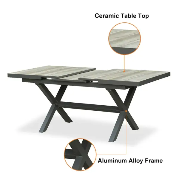 7 Pieces Aluminum Outdoor Dining Set with Extendable Ceramic Top Table Woven Armchair - Image 13