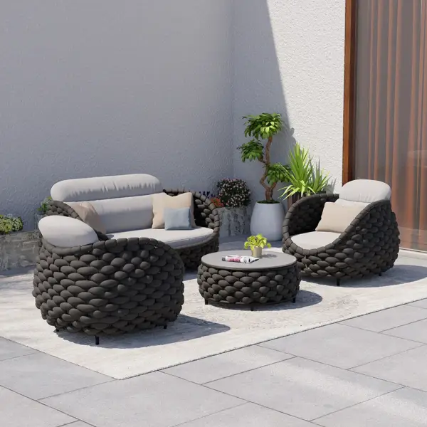 Tatta 4 Pieces Woven Rope Outdoor Sofa Set Faux Marble Top Coffee Table in Black & Gray - Image 2
