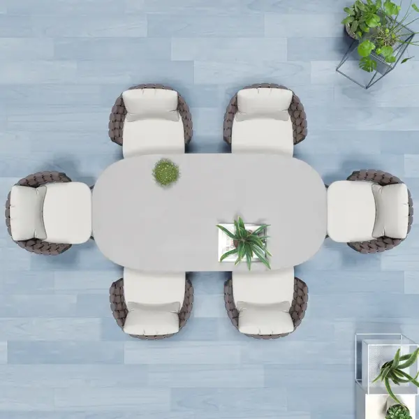 7 Pieces Outdoor Dining Set with Faux Marble Top & Aluminum Table and Rope Woven Chair - Image 5