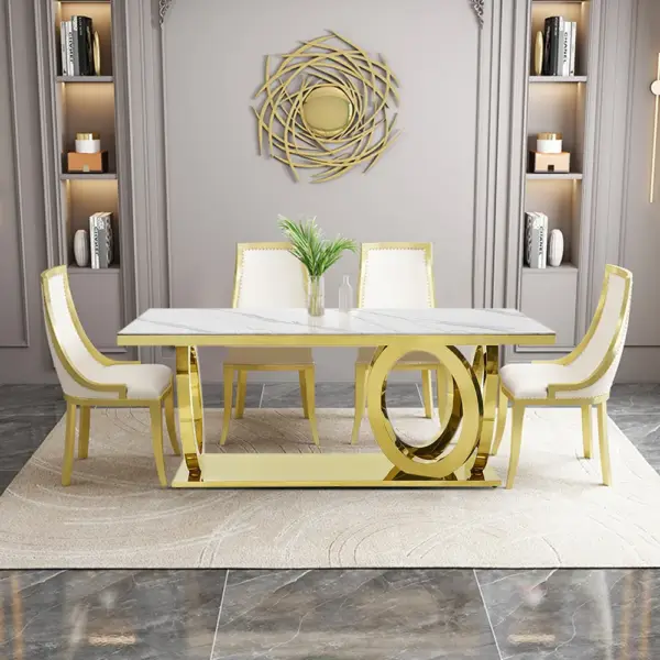 2000mm Modern Rectangle White Dining Table Sintered Stone Stainless Steel Base in Gold - Image 2