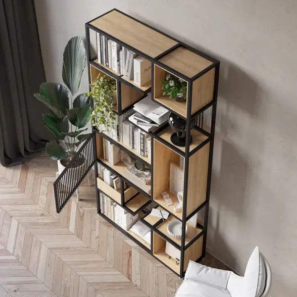 2000mm Modern Black Steel Geometric Bookcase 6-Tier Bookshelf Wooden Tall Book Shelf - Image 3