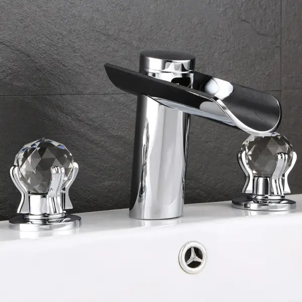 Morga Chrome Waterfall Bathroom 3 Hole Basin Tap with Crystal Handles - Image 2