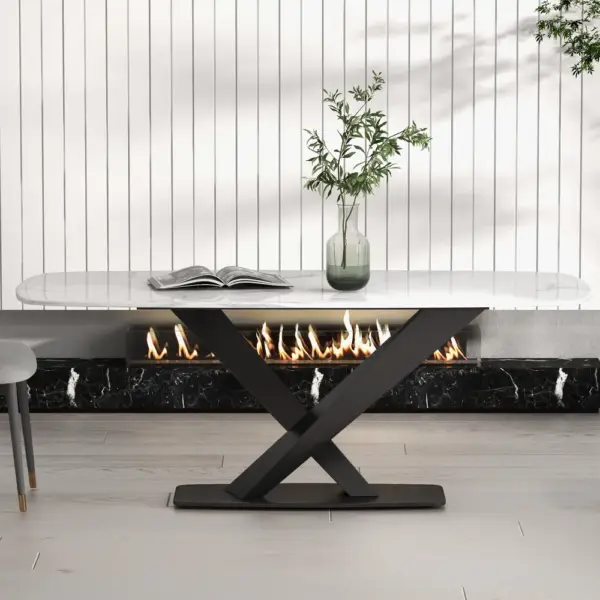 2000mm Modern Rectangular White Sintered Stone Dining Table with Metal X-Base - Image 3