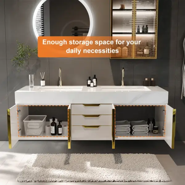 Aro 1500mm White Double Basin Wall Mounted Bathroom Vanity Drawers Faux Marble Top - Image 5