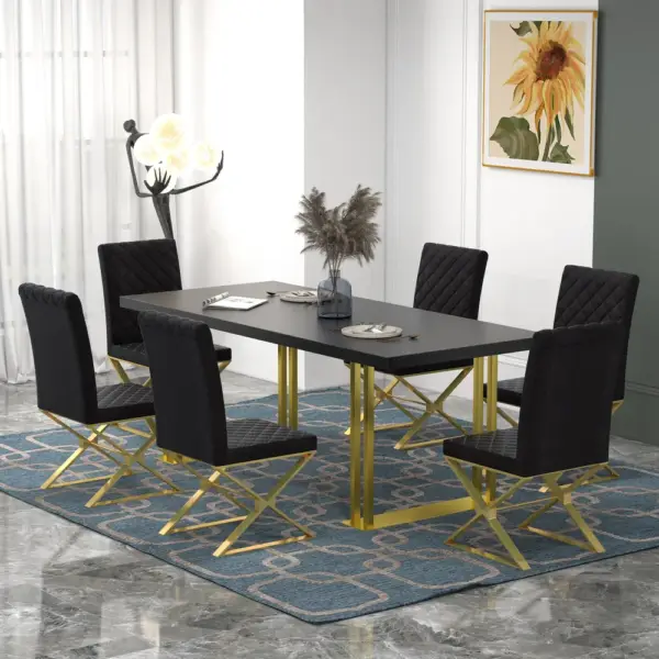 Dochic Modern Black Upholstered Leather Dining Table Chair Gold Legs Set of 2 - Image 2