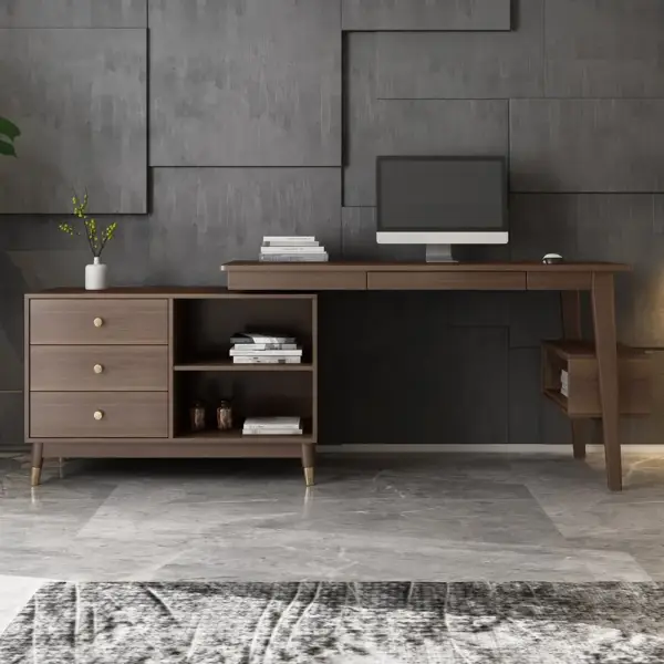 Ultic Walnut L Shaped Home Office Desk Wooden Computer Desk with Storage Drawers & Shelf - Image 3