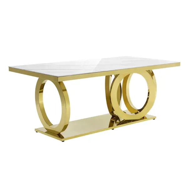 2000mm Modern Rectangle White Dining Table Sintered Stone Stainless Steel Base in Gold - Image 4