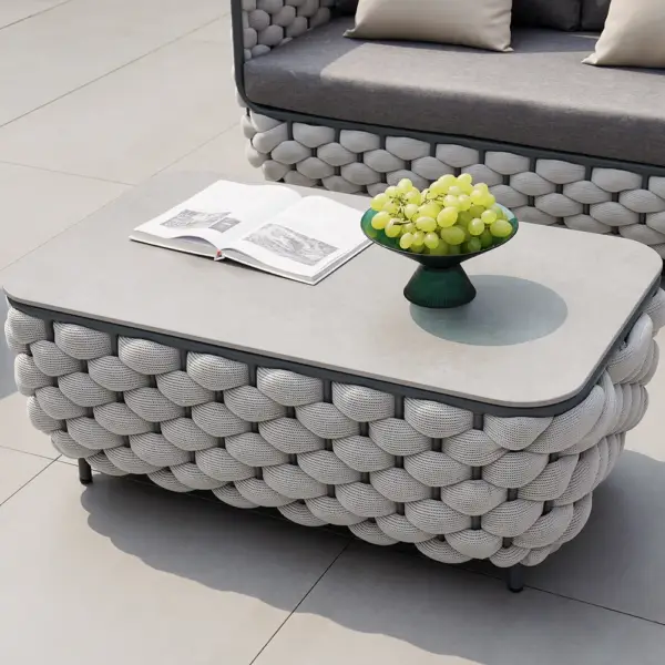 Martic 4Pcs Aluminum Rope Outdoor Sofa Set with Faux Marble Coffee Table Cushion Pillow - Image 3