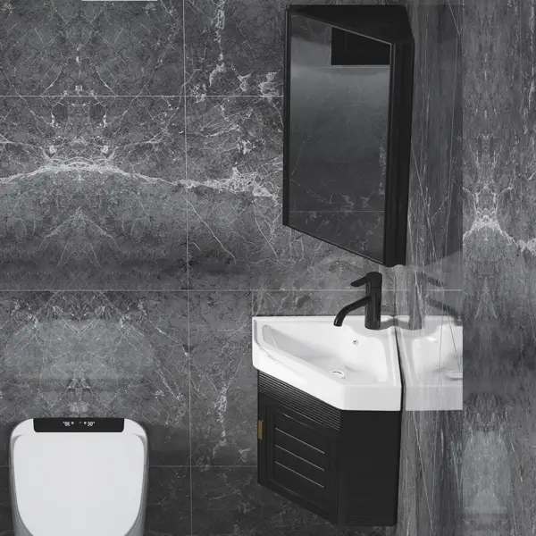 430mm Black Floating Corner Bathroom Vanity with Medicine Cabinet Ceramics Basin - Image 4