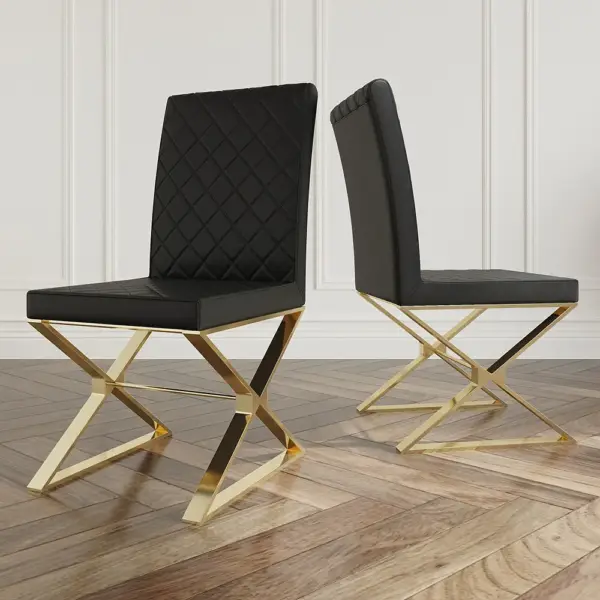 Dochic Modern Black Upholstered Leather Dining Table Chair Gold Legs Set of 2 - Image 8