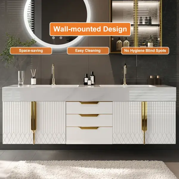 Aro 1500mm White Double Basin Wall Mounted Bathroom Vanity Drawers Faux Marble Top - Image 7