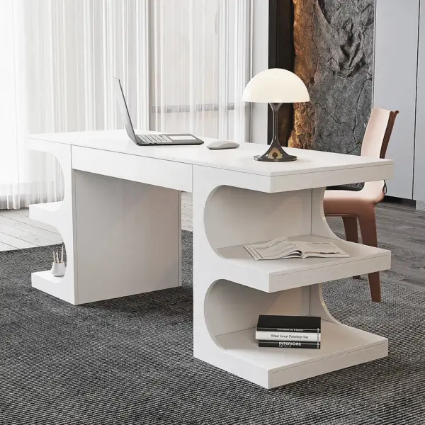 1630mm White Wooden Writing Desk Modern Office Desk with 1 Drawer & 4 Open Shelves - Image 3
