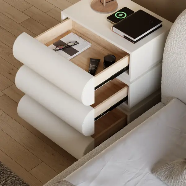 Humply Modern White Leather Smart Bedside Table with Wireless Charger Drawers Nightstand - Image 7